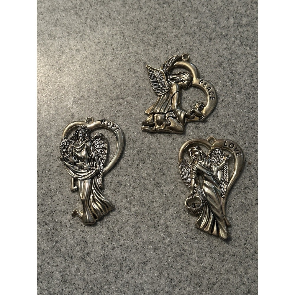 Lot Of 3 Gorham Christmas Angels Silver Plated Peace Love Hope  3"‎ Heart Shaped - Picture 10 of 14